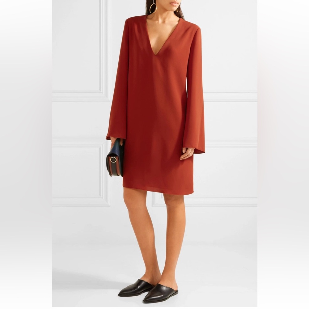 THEORY Ulyssa Admiral Crepe Red Oak Long Sleeve Swing Shift Dress SMALL retro 60